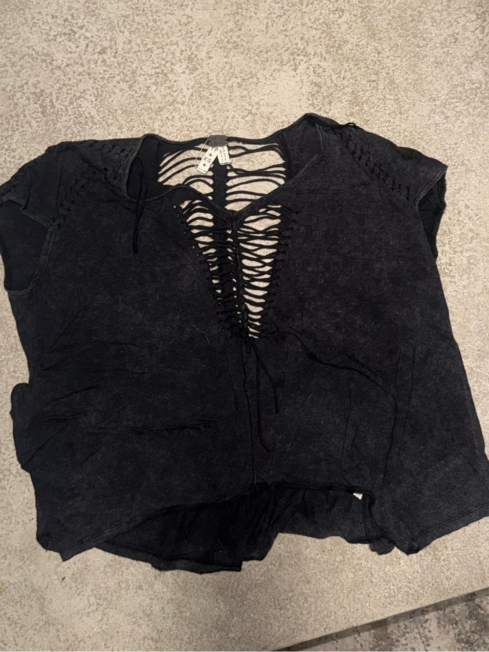 We The Free Black Distressed Ladder-Cut Crop Top